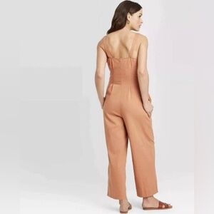 Wide Leg Jumpsuit Button Up Front 
Pockets Brick Color 
Boho Chic Minimalist